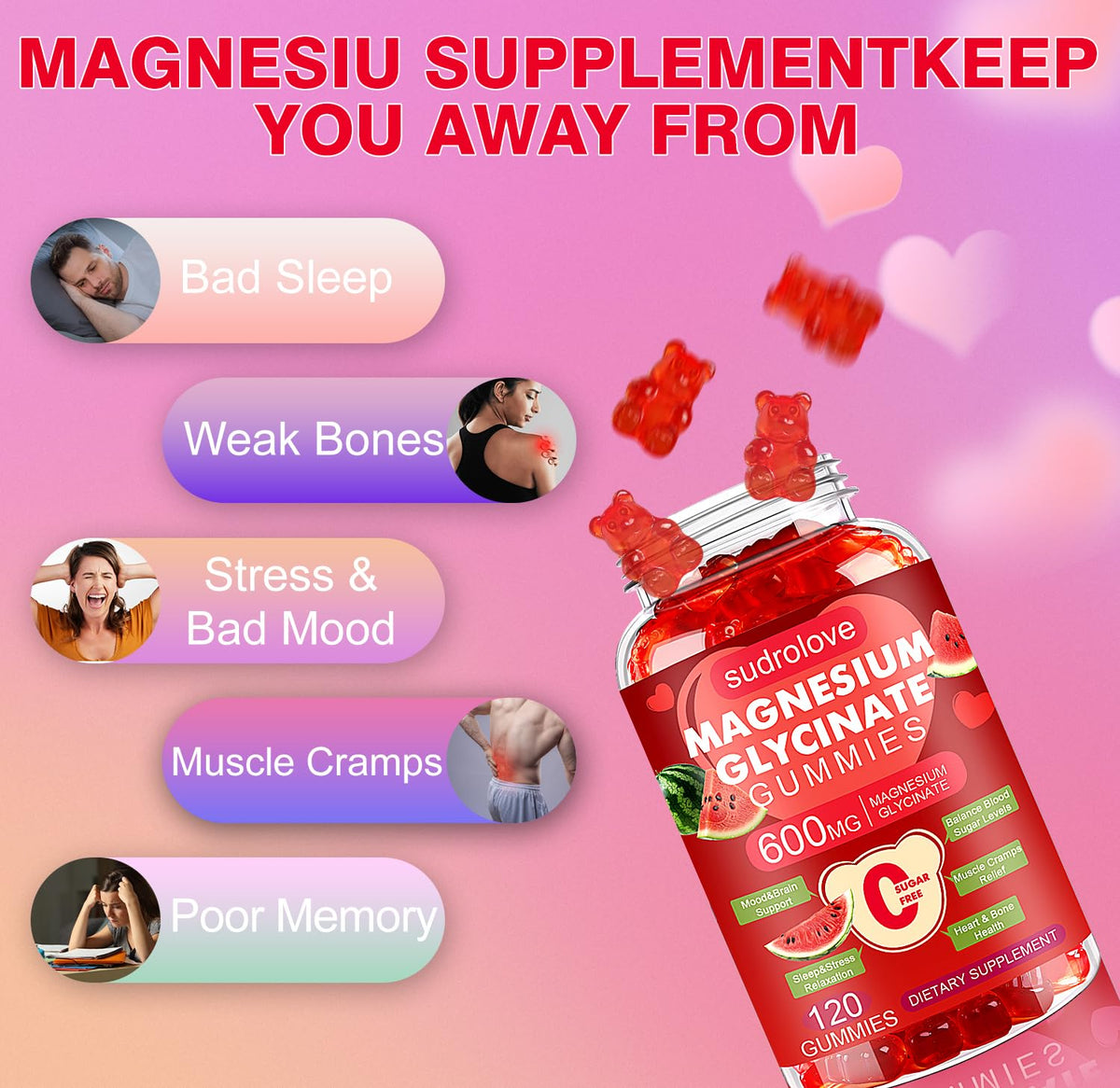 Gummies de magnésium glycinate sudrolove, présentation avec fruits