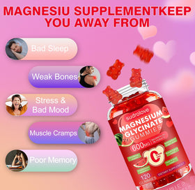 Gummies de magnésium glycinate sudrolove, présentation avec fruits