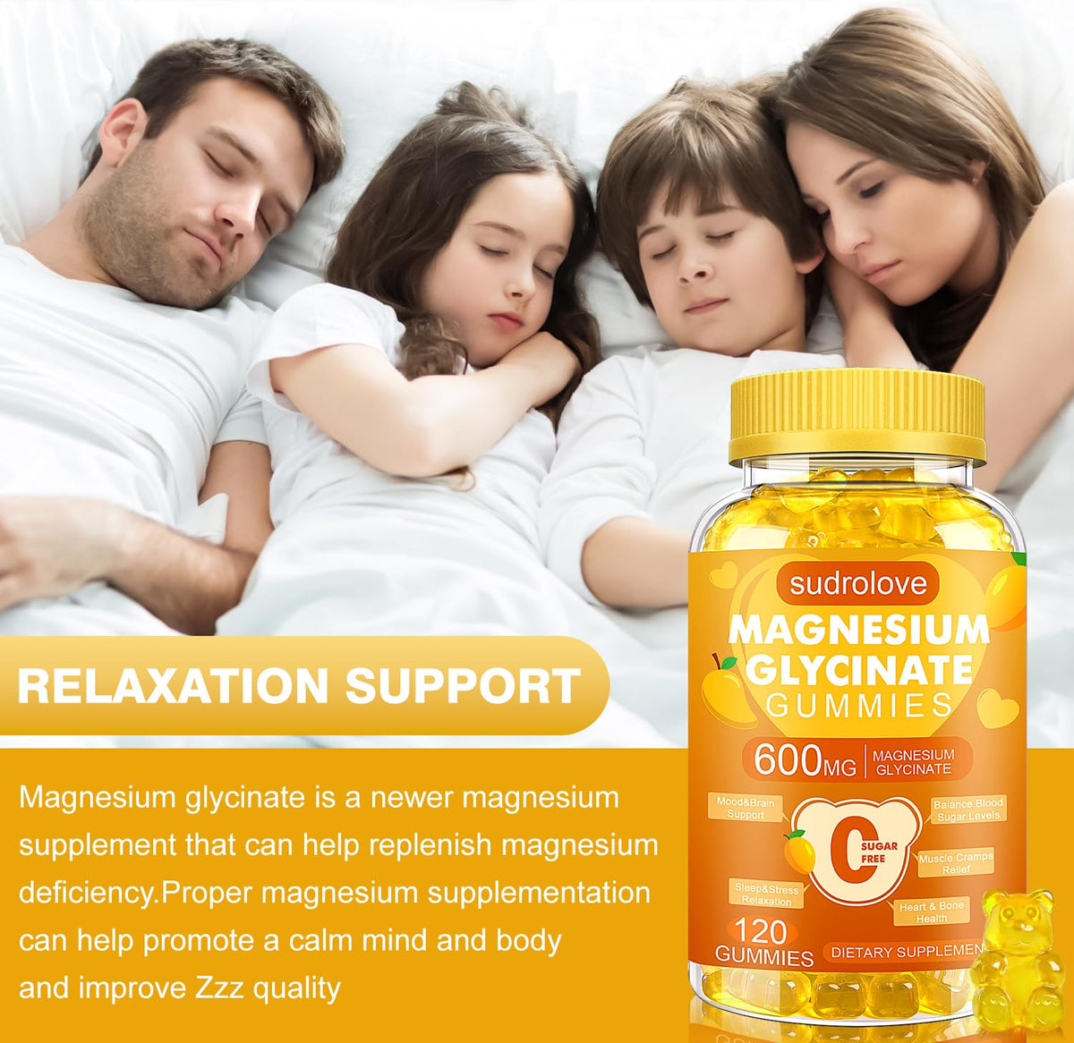 Gummies de magnésium glycinate sudrolove, présentation sur une table