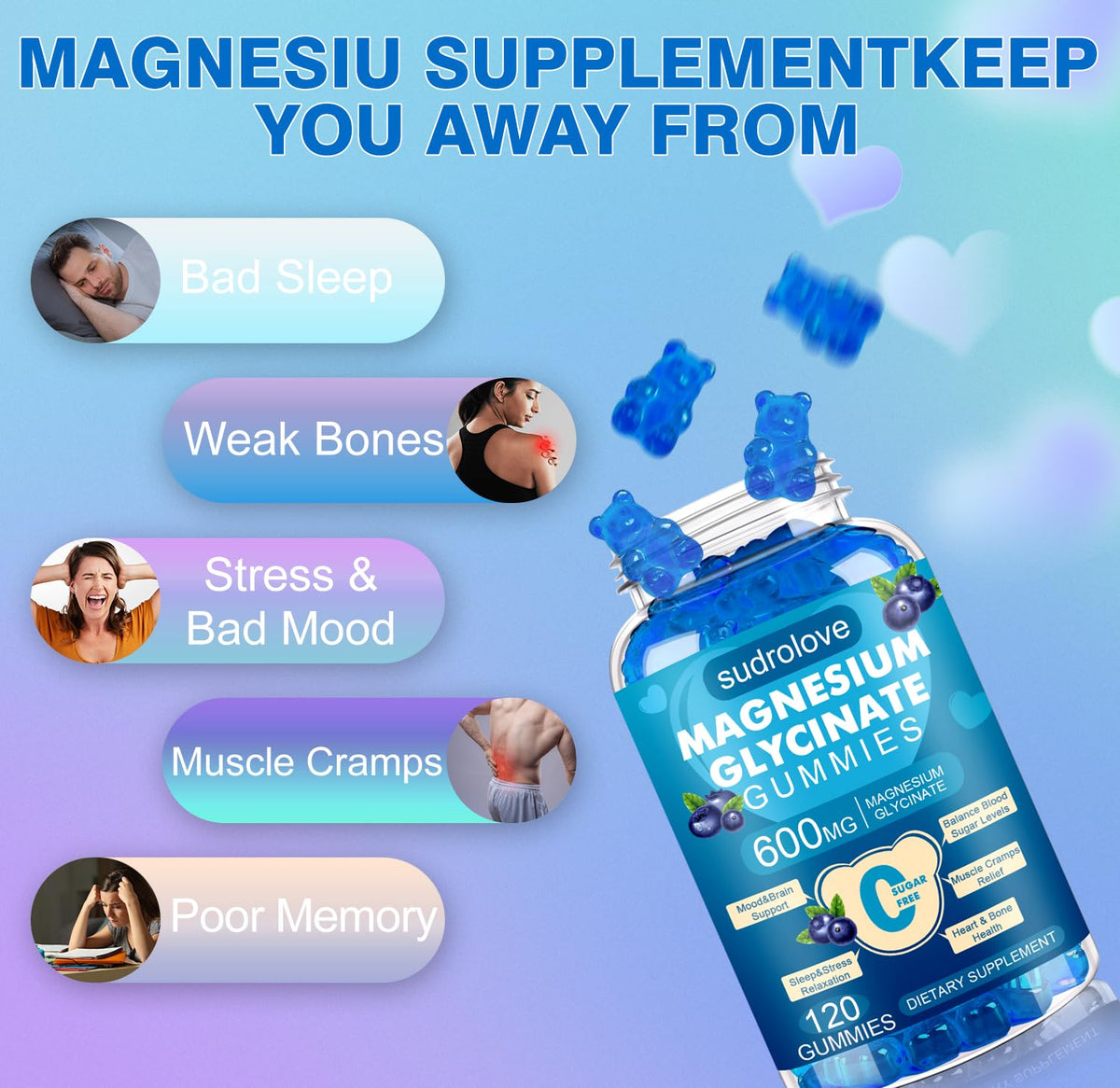 Gummies de magnésium glycinate sudrolove, prise quotidienne