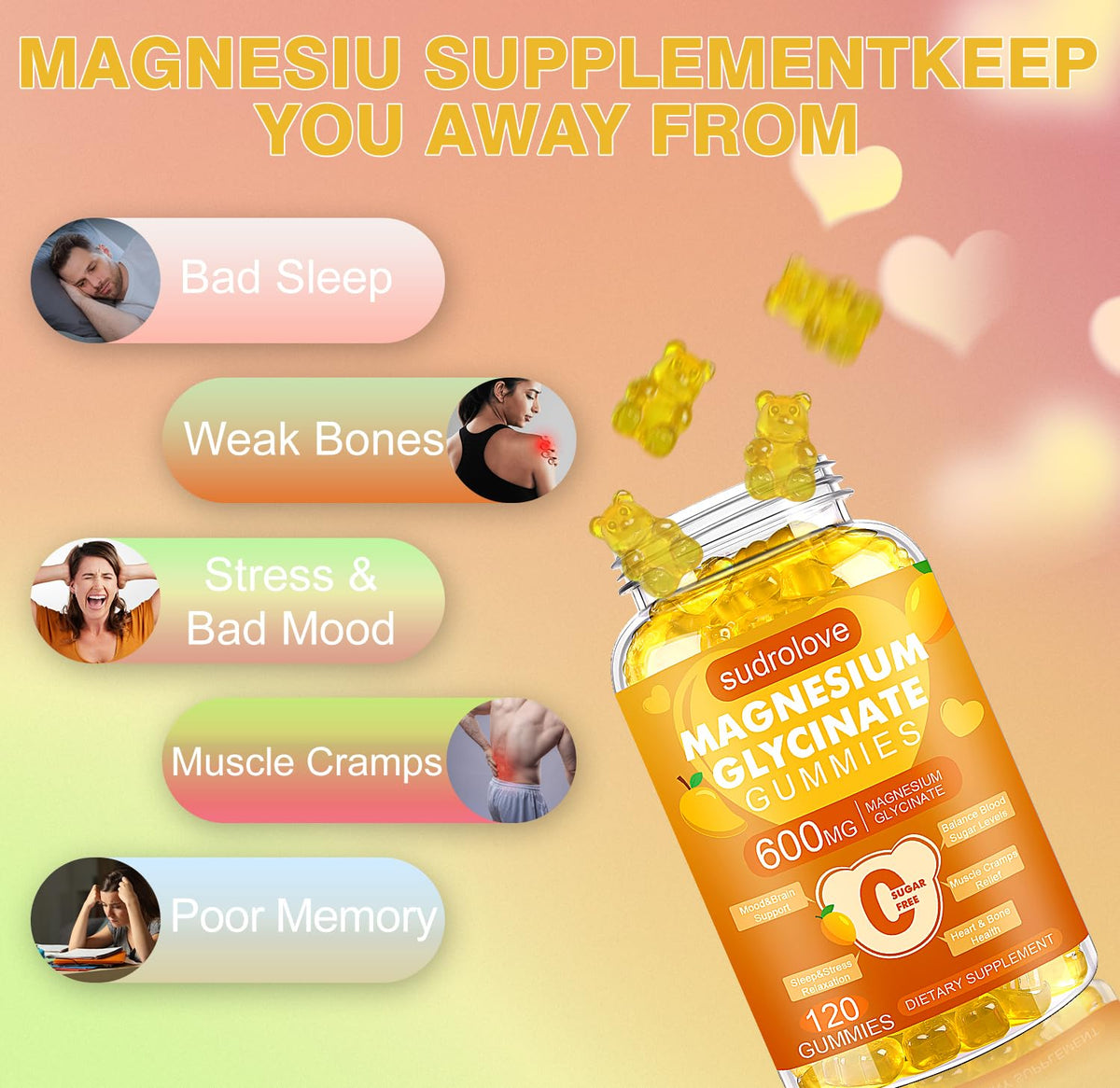 Gummies de magnésium glycinate sudrolove, vue de dessus dans un bol