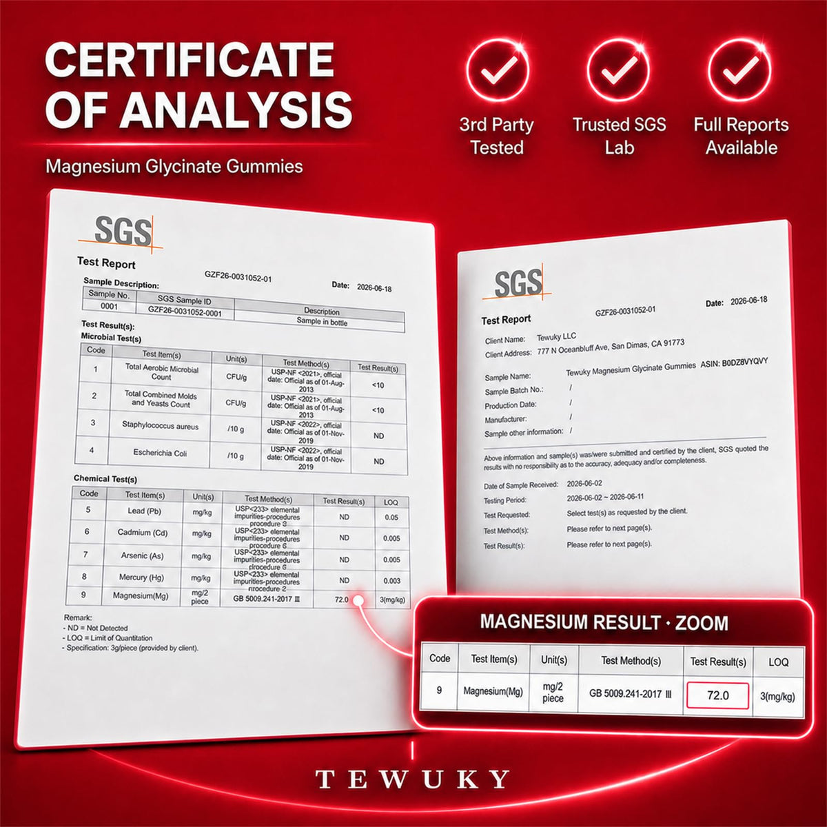 Gummies de magnésium glycinate Tewuky 500mg, ingrédients