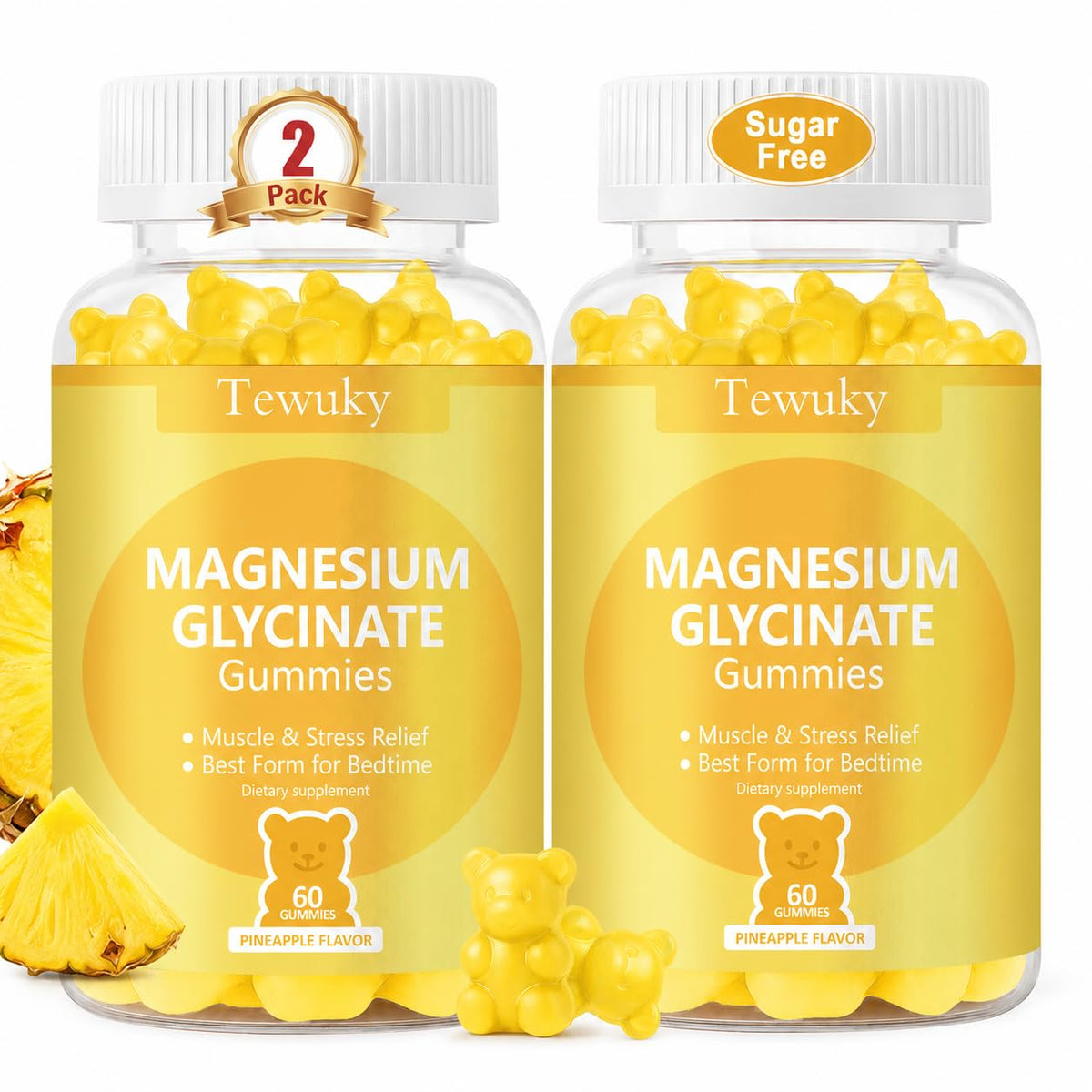 Gummies de magnésium glycinate Tewuky en bouteille, saveur ananas