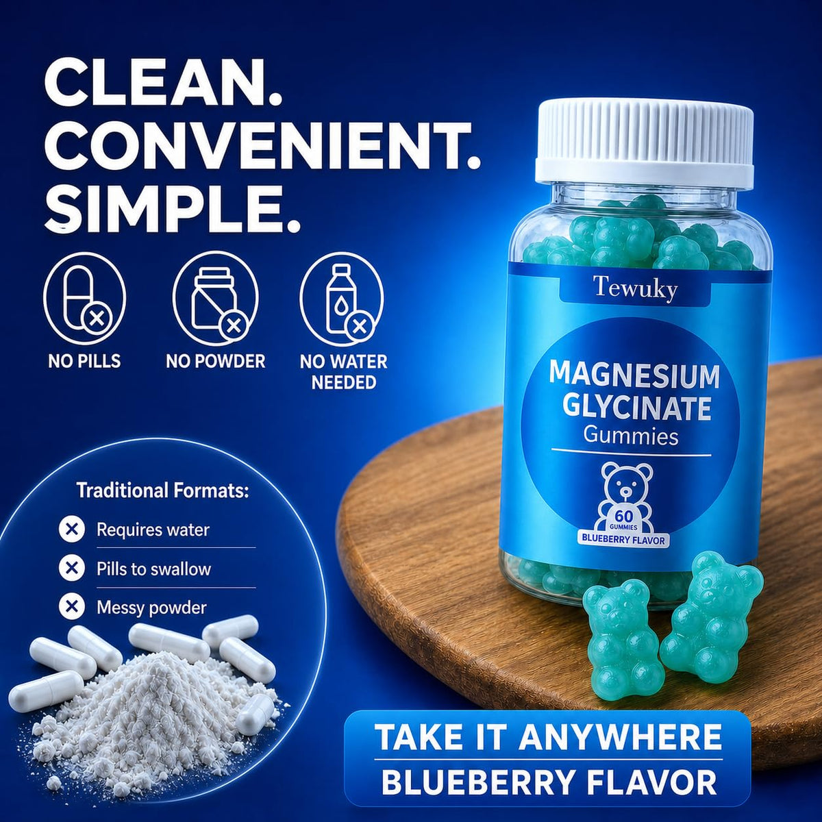 Gummies de magnésium glycinate Tewuky sur une table