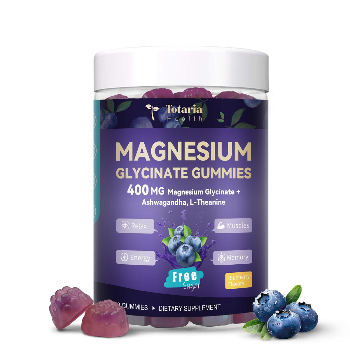 Gummies de magnésium glycinate Totaria 400mg en pot, saveur myrtille