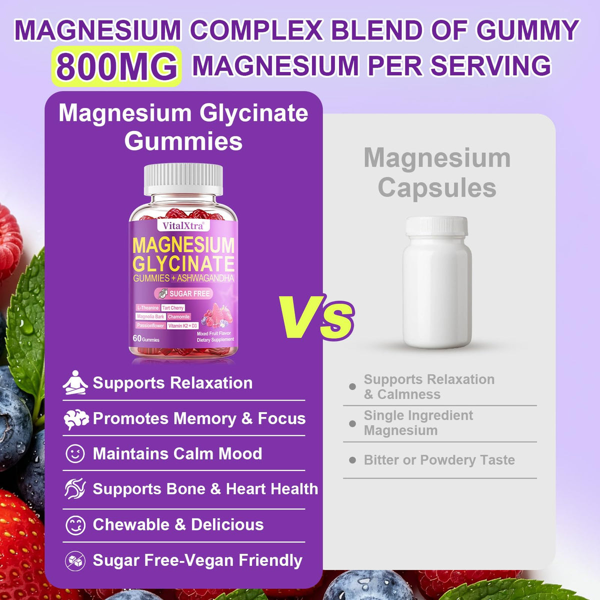 Gummies de magnésium glycinate VitalXtra, présentation sur une surface blanche