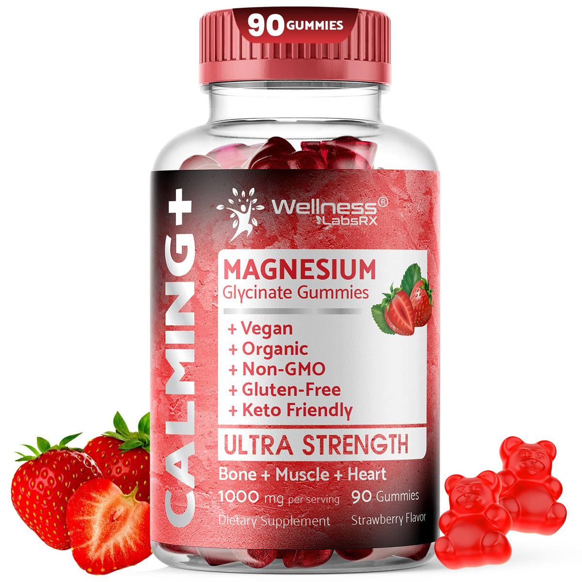 Gummies de magnésium glycinate WELLNESS LABSRX au goût de fraise, flacon de 90 unités