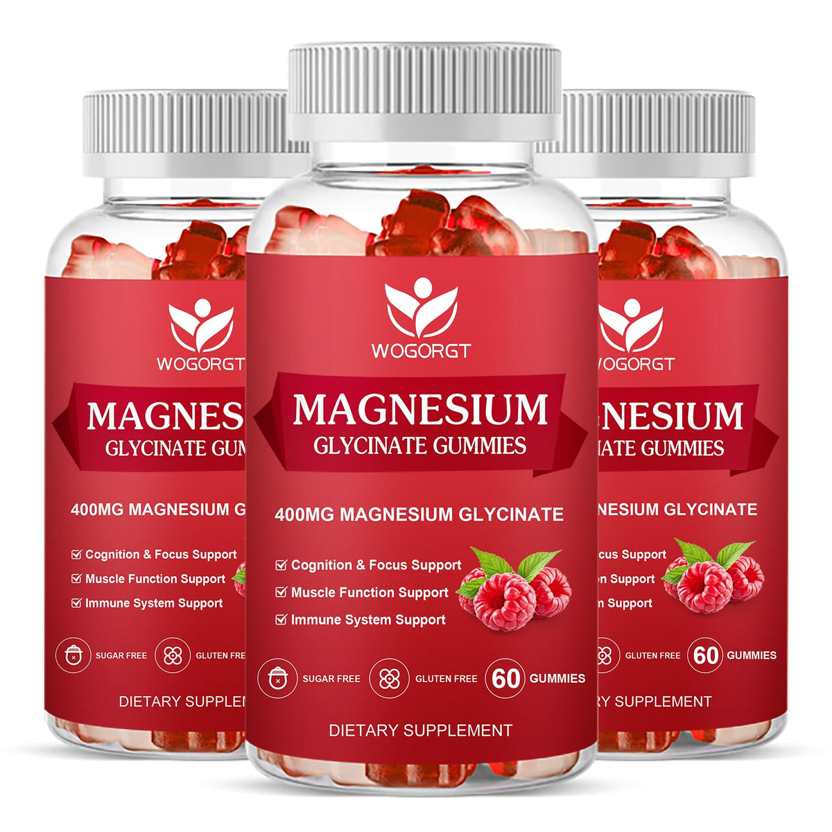 Gummies de magnésium glycinate WOGORGT, 400mg, 60 pièces en pot