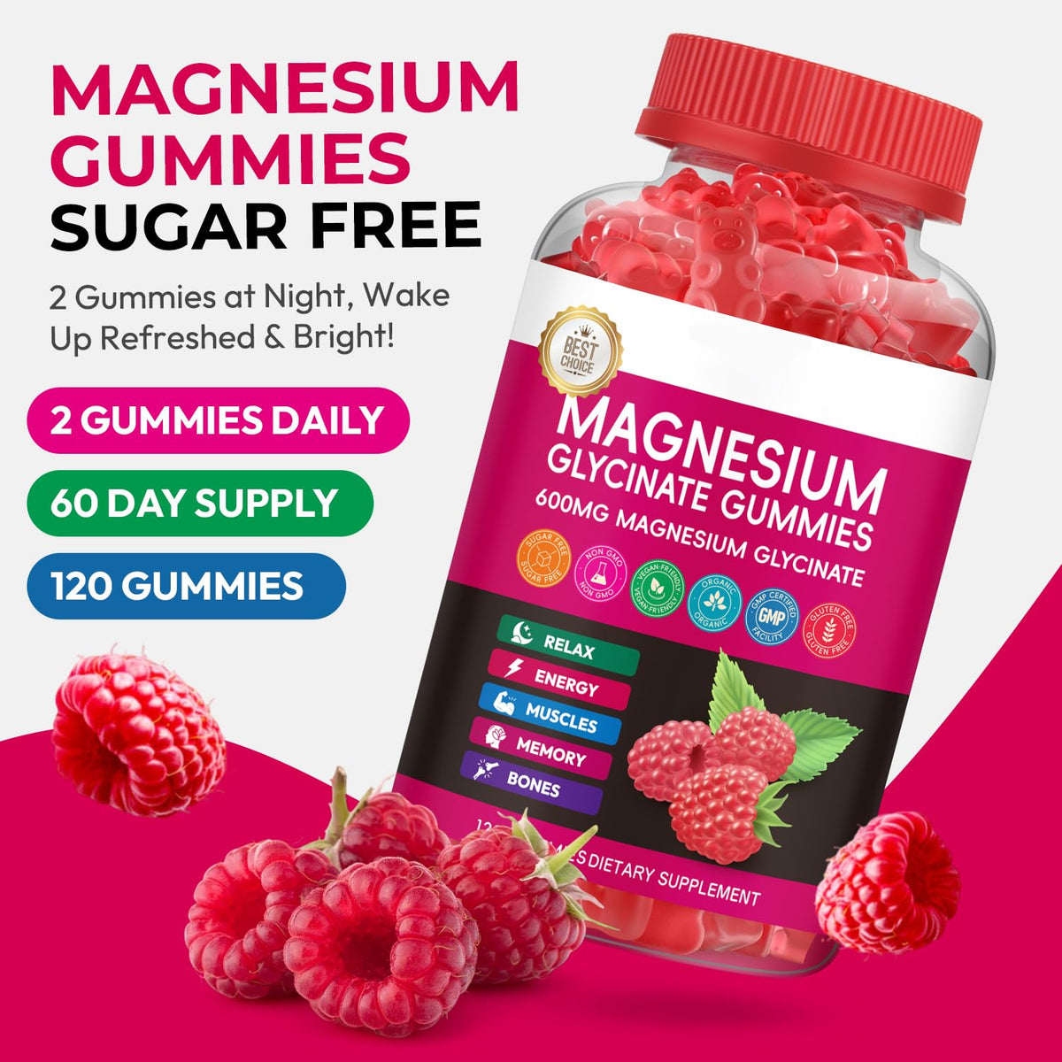 Gummies de magnésium glycinate Xytora 600mg saveur framboise avec dosage recommandé