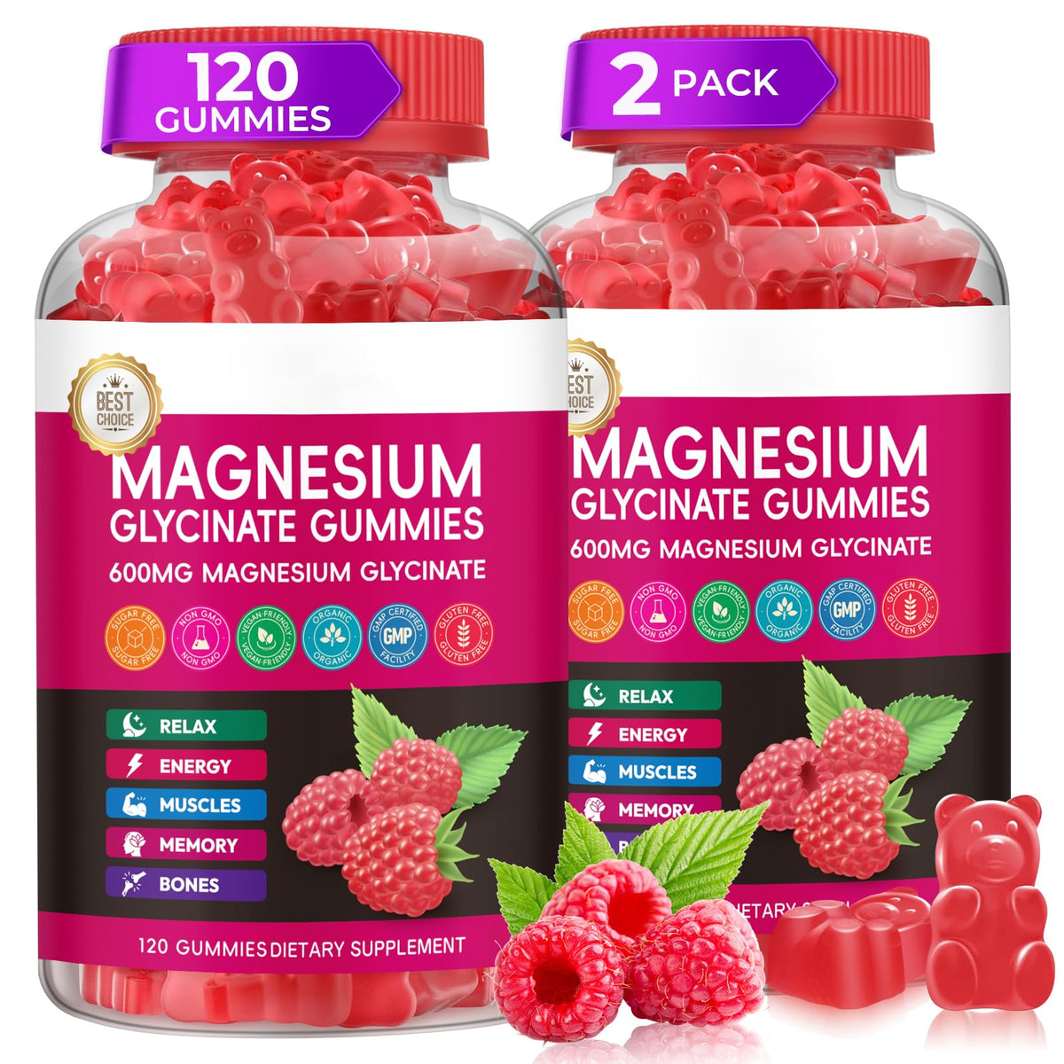 Gummies de magnésium glycinate Xytora 600mg saveur framboise en bouteille