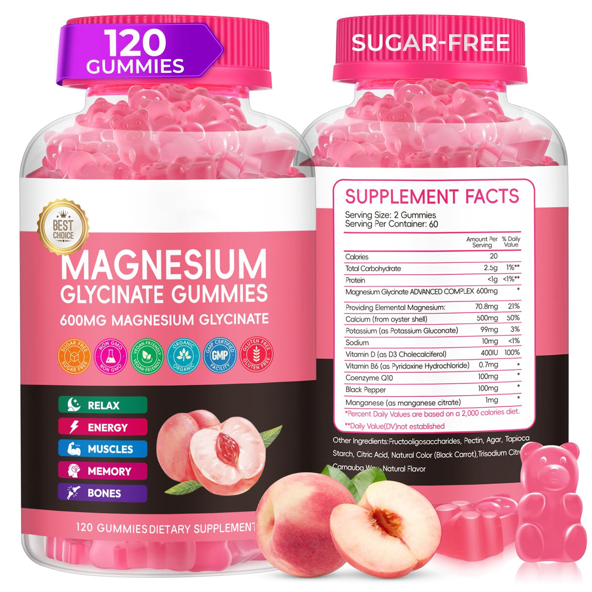 Gummies de magnésium glycinate Xytora 600mg, saveur pêche, vue de face