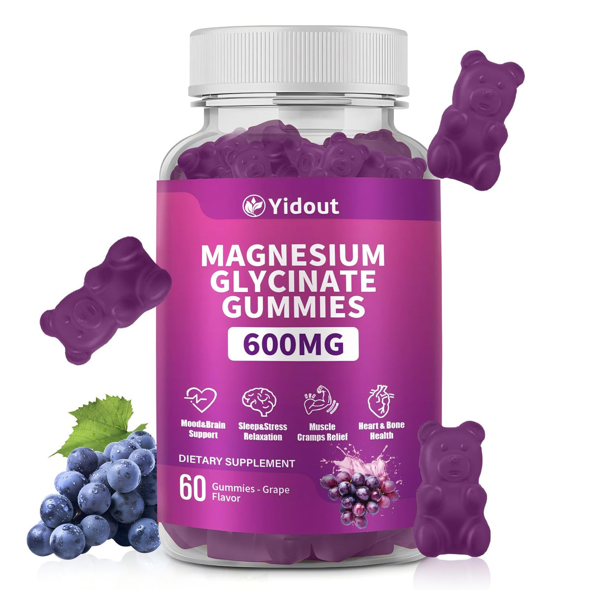 Gummies de Magnésium Glycinate Yidout, 600mg, boîte vue de face