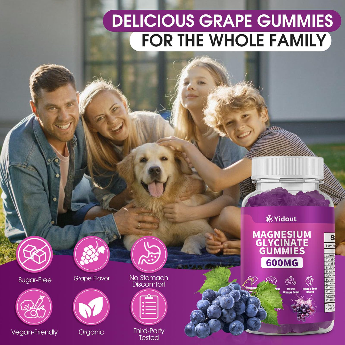 Gummies de Magnésium Glycinate Yidout, goût de raisin