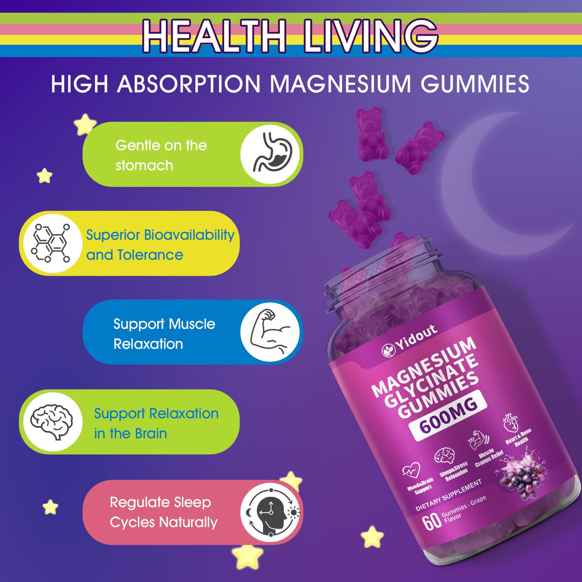 Gummies de Magnésium Glycinate Yidout, ingrédients sur l'emballage