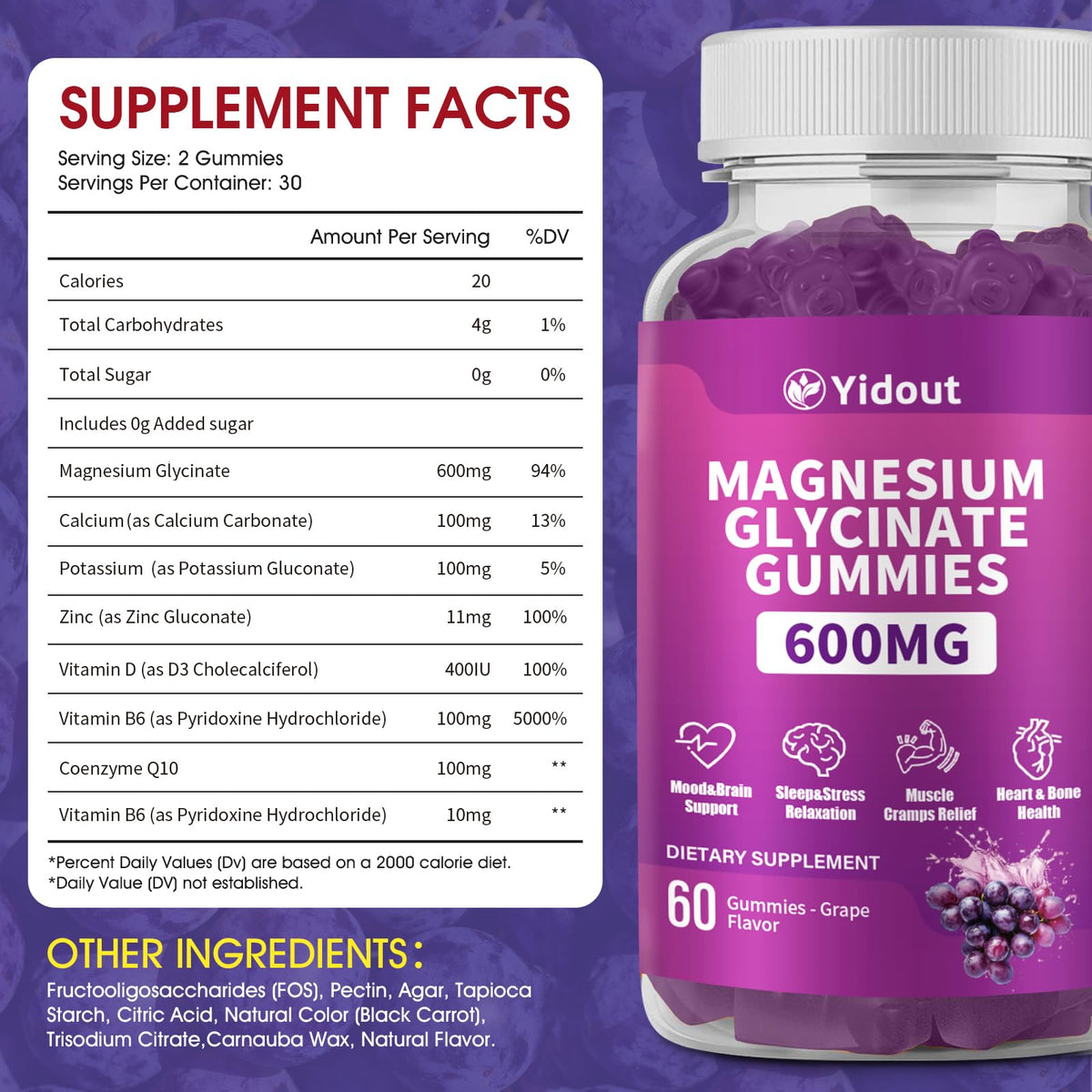 Gummies de Magnésium Glycinate Yidout, taille des gummies