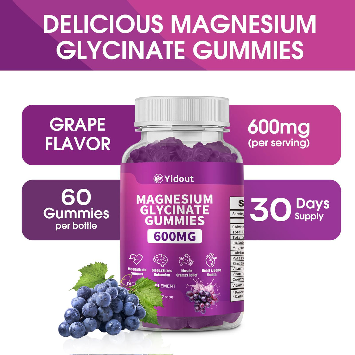 Gummies de Magnésium Glycinate Yidout, vue de l'arrière de la boîte