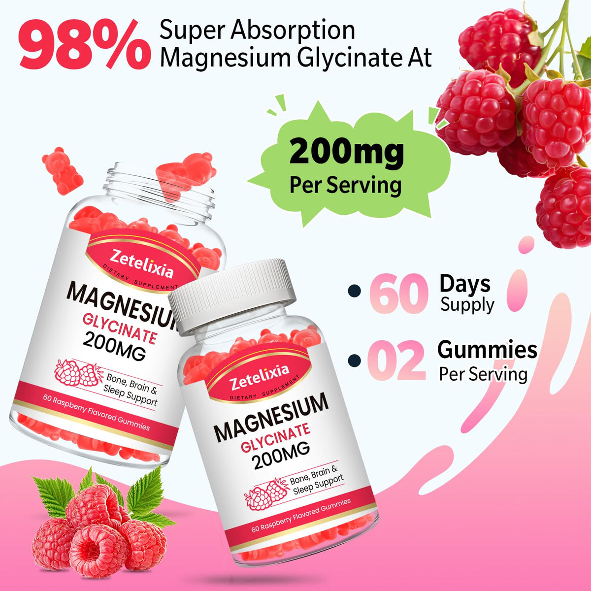 Gummies de magnésium glycinate Zetelixia avec une framboise fraîche à côté