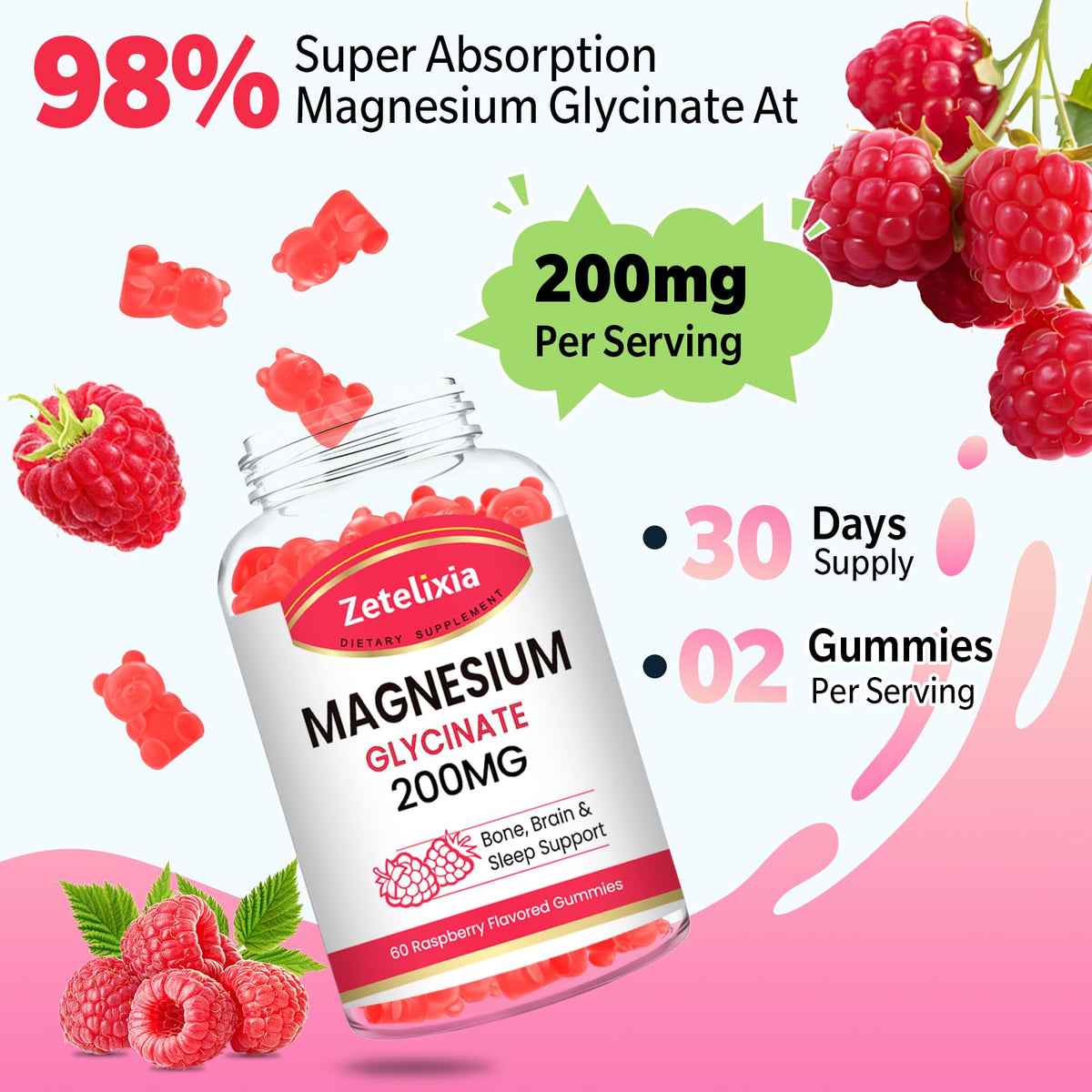Gummies de magnésium glycinate Zetelixia sur une table en bois