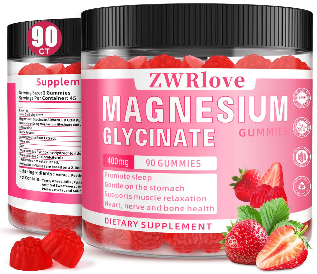 Gummies de magnésium glycinate ZWRlove en emballage, 90 unités