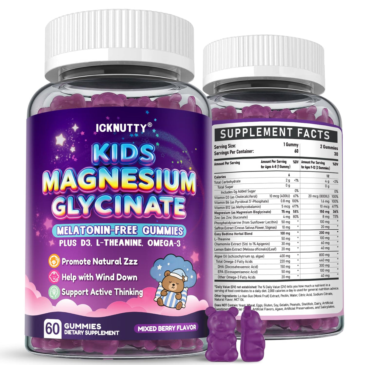 Gummies de magnésium ICKNUTTY pour enfants, vue avant, saveur baie