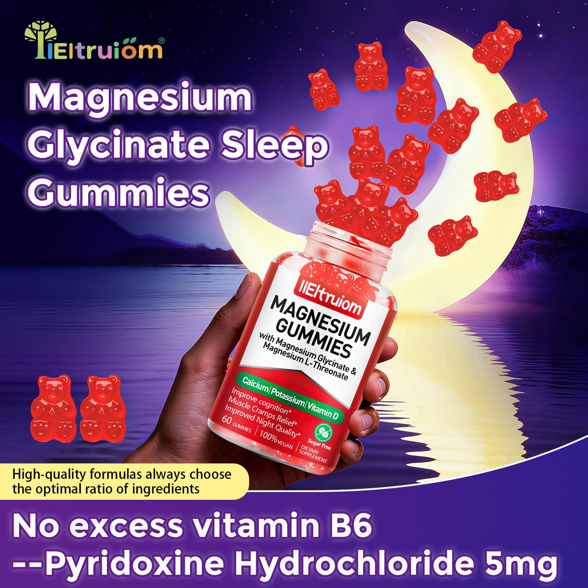 Gummies de magnésium IIEltruiom, vue du dessus avec une portion présentée