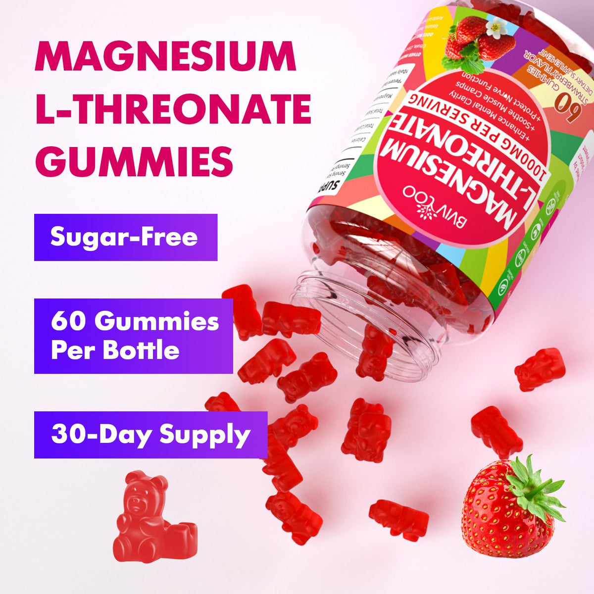 Gummies de Magnésium L-Thréonate BVIVLOO avec bouchon ouvert