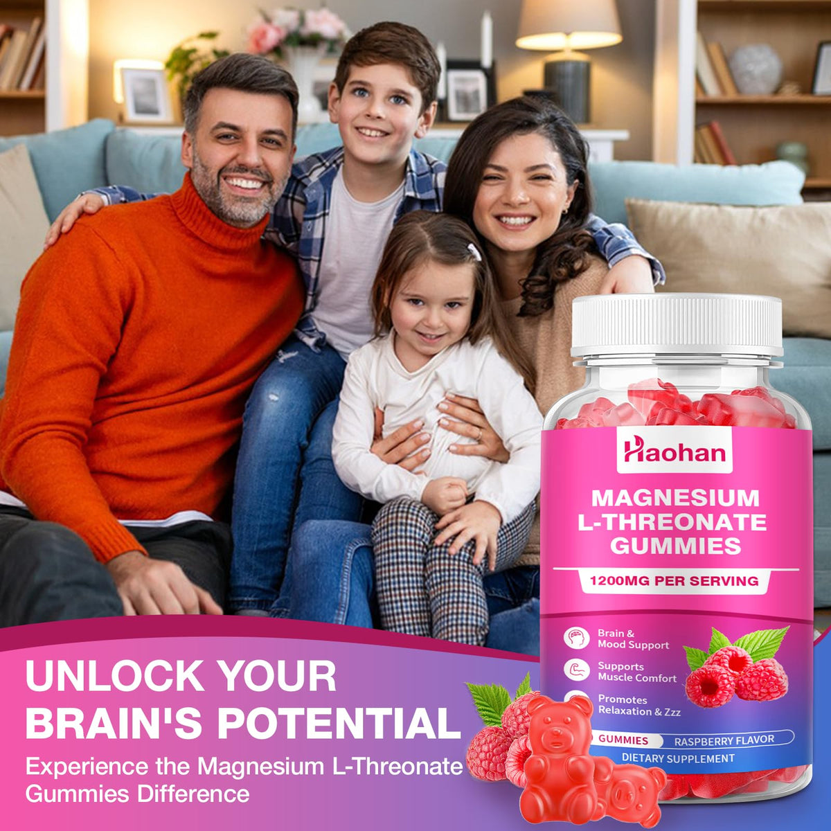 Gummies de Magnésium L-Thréonate Haohan sur une table