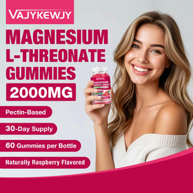 Gummies de magnésium L-thréonate VAJYKEWJY avec une main tenant la boîte