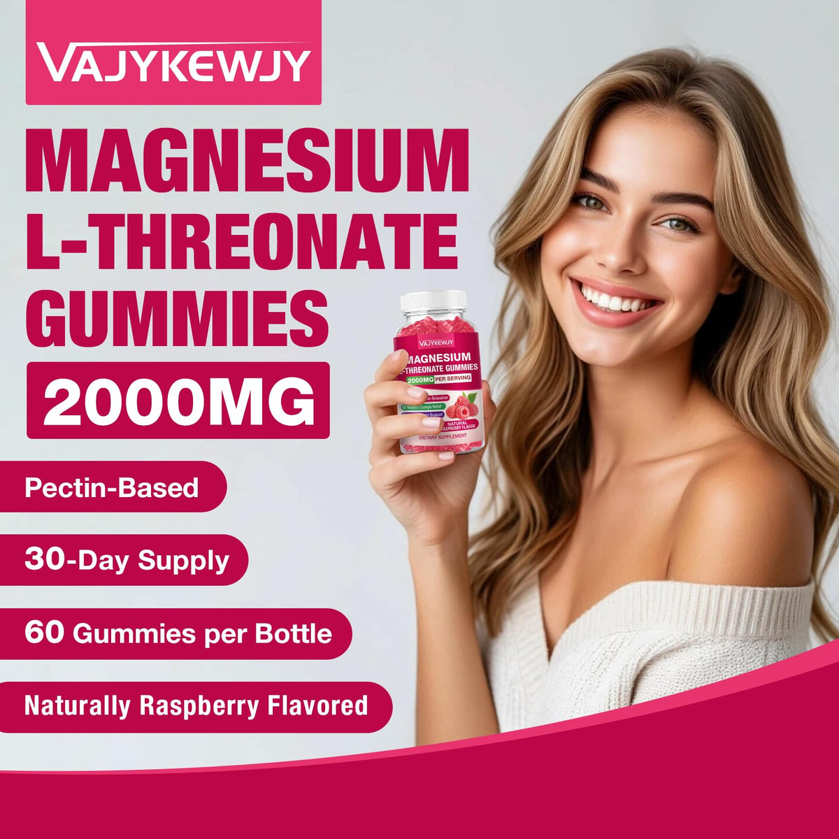 Gummies de magnésium L-thréonate VAJYKEWJY sur une table en bois