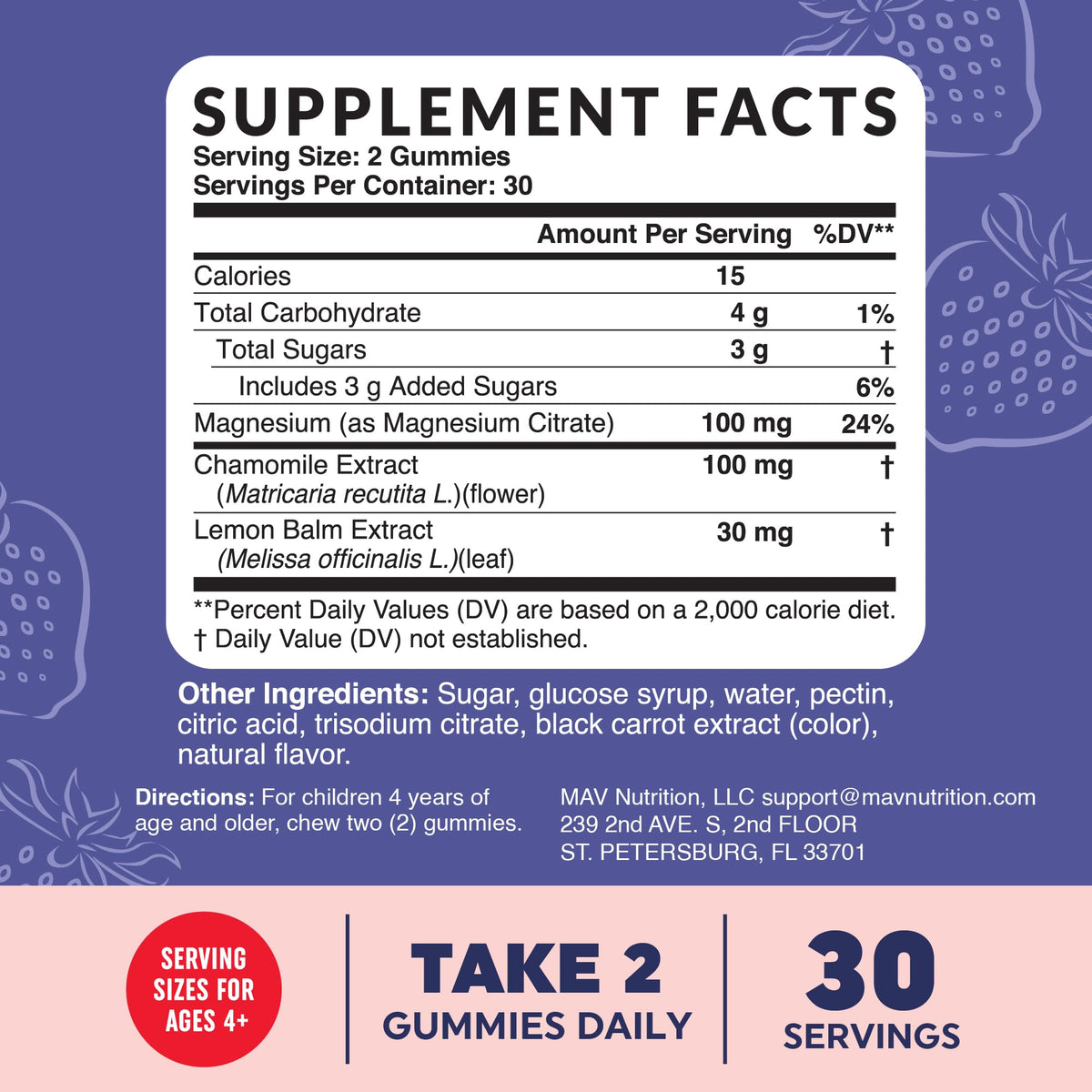Gummies de magnésium MAV NUTRITION, présentation sur un fond coloré