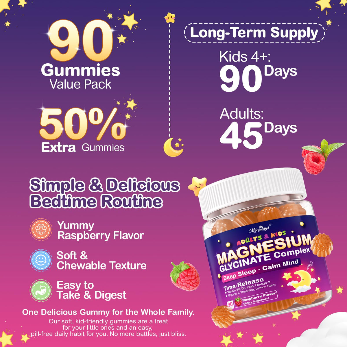 Gummies de magnésium Meceilays avec fruits frais en arrière-plan