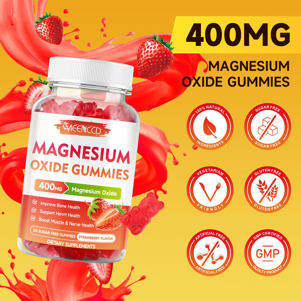 Gummies de magnésium MEENCCD sur une table avec des fraises