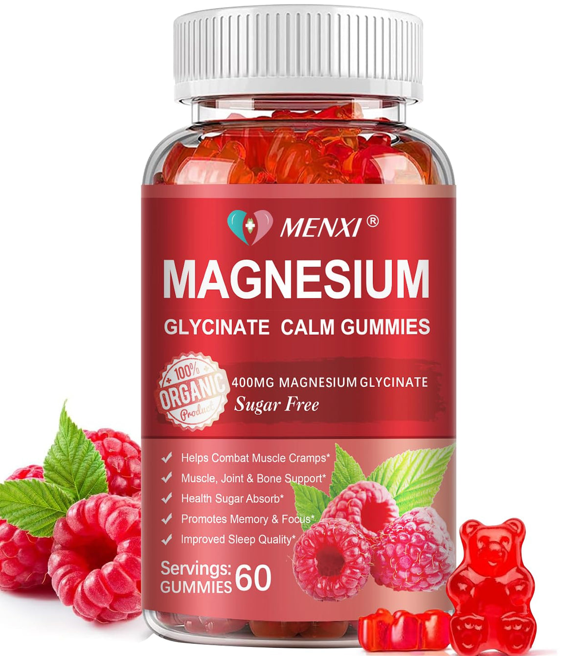 Gummies de Magnésium MENXI 600mg, boîte de 60 gummies au goût framboise