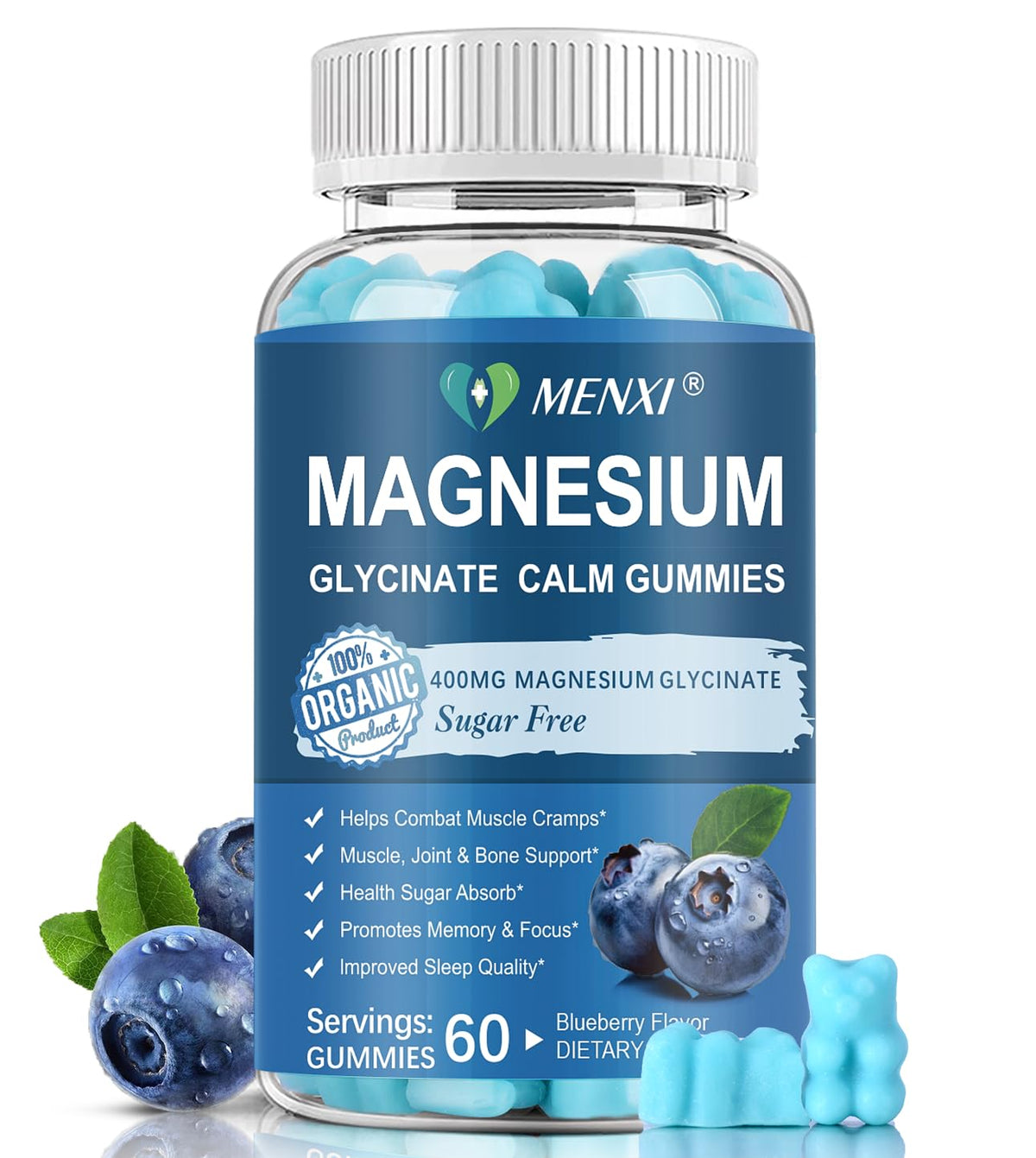 Gummies de magnésium MENXI 600mg, emballage avant avec myrtille