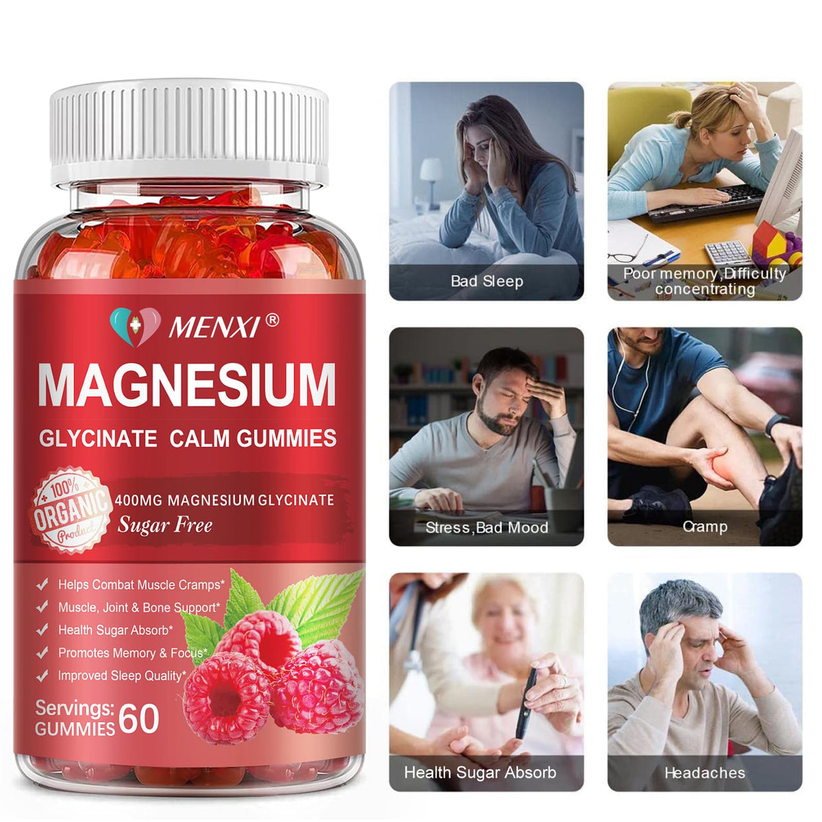 Gummies de Magnésium MENXI, étiquette de la boîte avec informations nutritionnelles