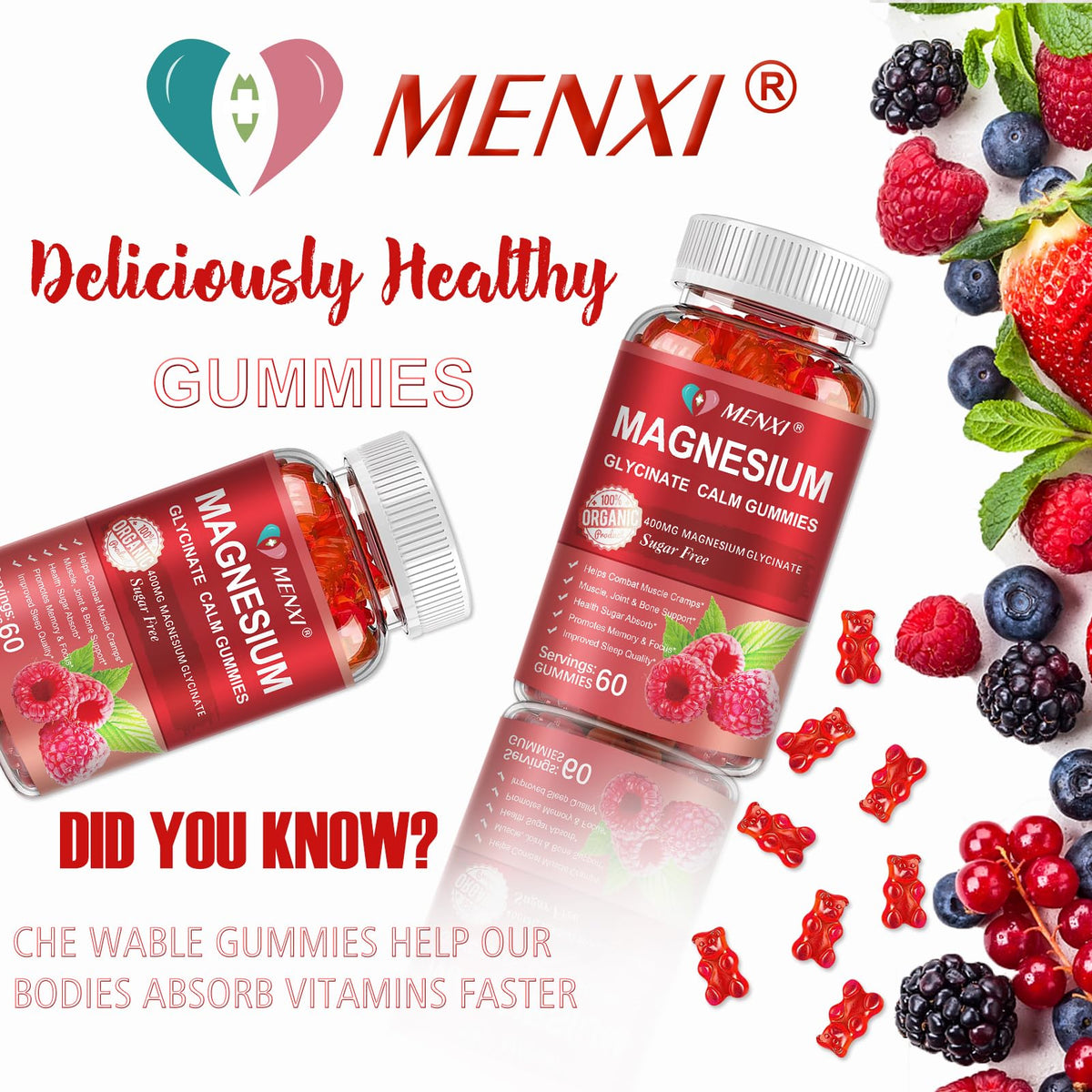 Gummies de Magnésium MENXI, mise en scène avec des fruits framboises