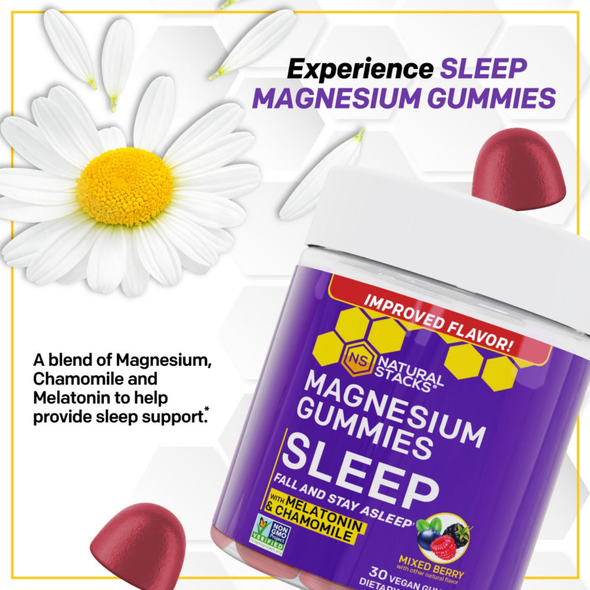 Gummies de magnésium NATURAL STACKS avec fruits rouges en arrière-plan