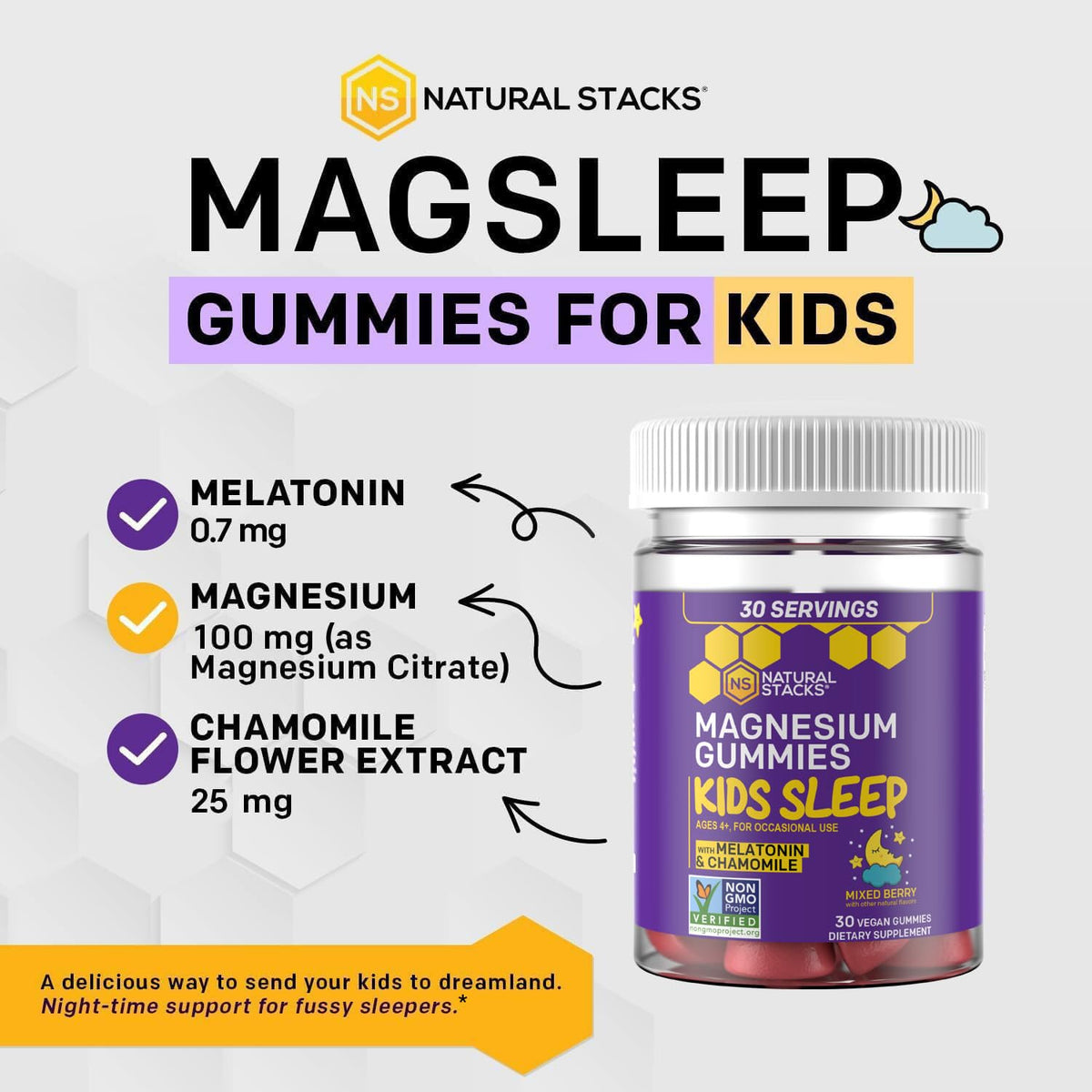 Gummies de magnésium NATURAL STACKS avec mélatonine et camomille sur fond blanc
