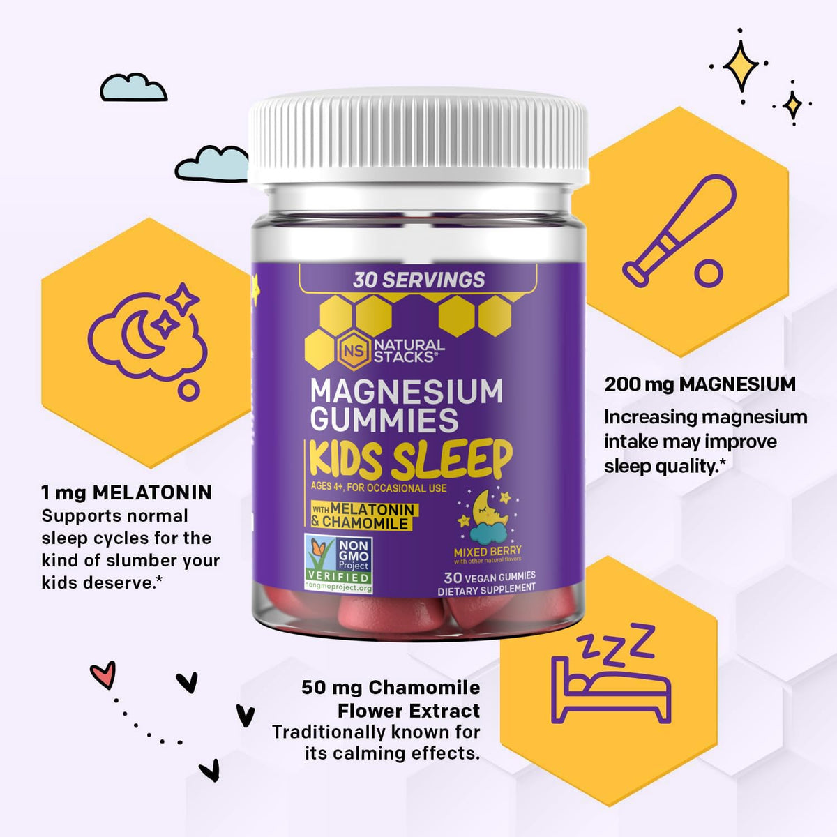 Gummies de magnésium NATURAL STACKS sur une table avec jouets d'enfants