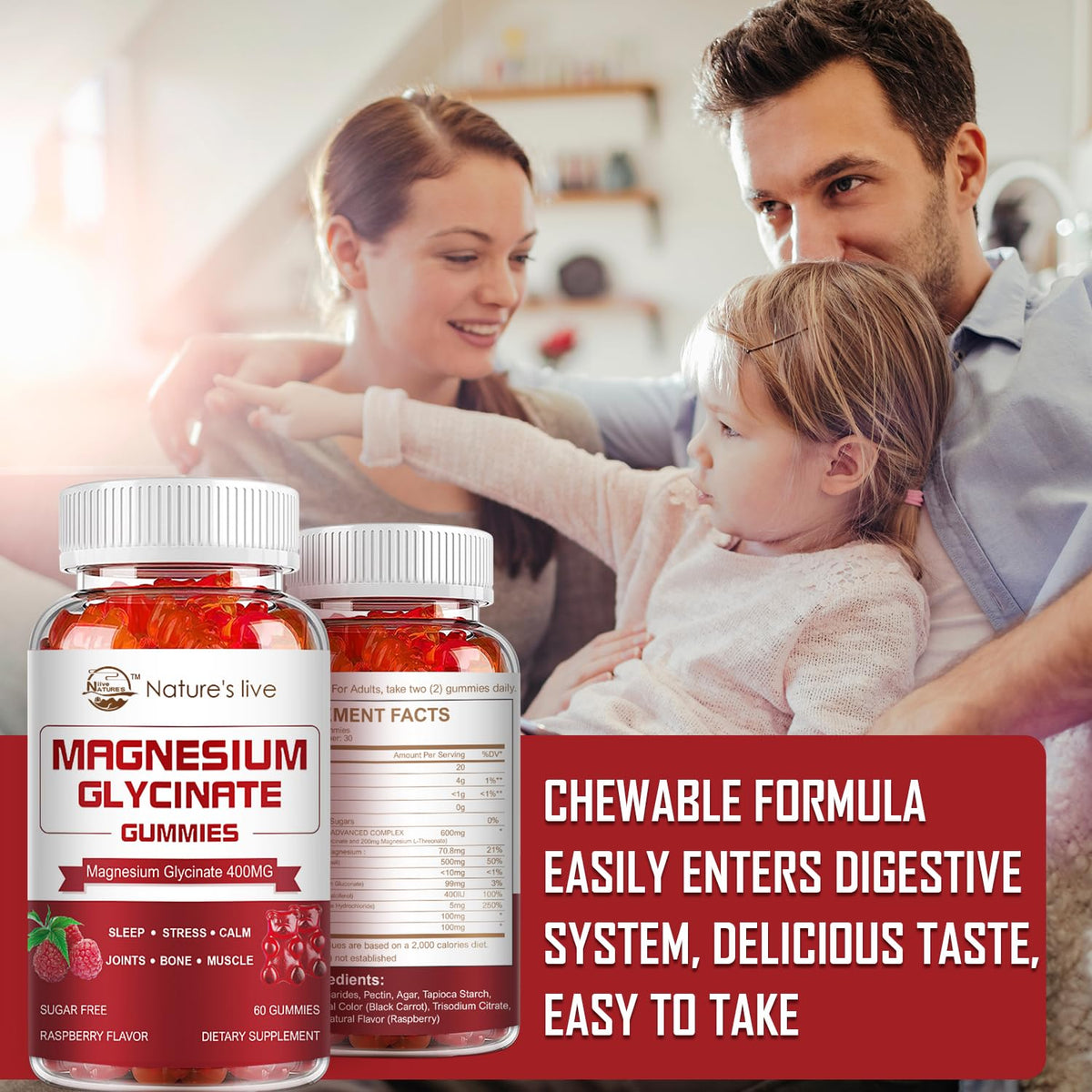 Gummies de magnésium Nature's live avec des fruits, présentation