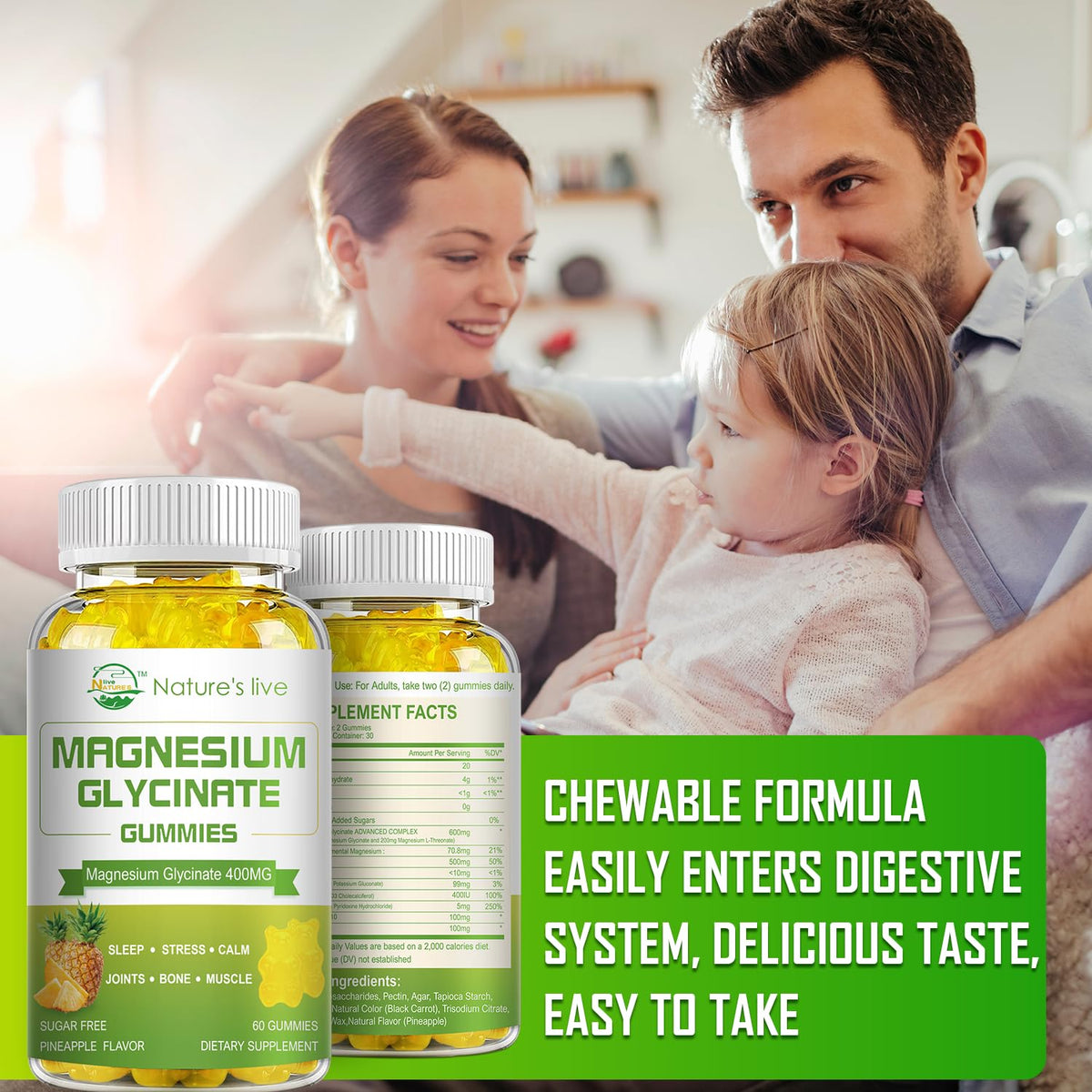 Gummies de magnésium Nature's live sur une table en bois