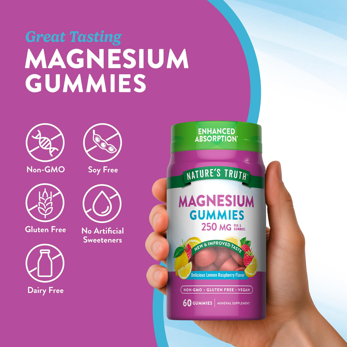 Gummies de Magnésium Nature's Truth 250mg avec une vue rapprochée sur la texture