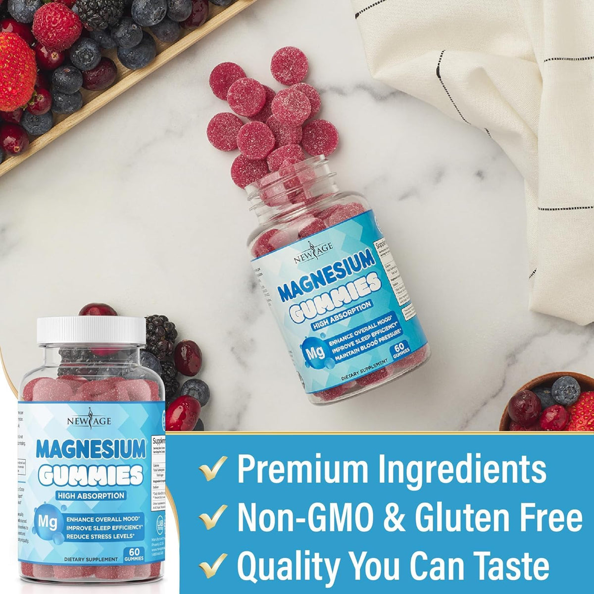 Gummies de Magnésium NEW AGE avec une main tenant un bonbon