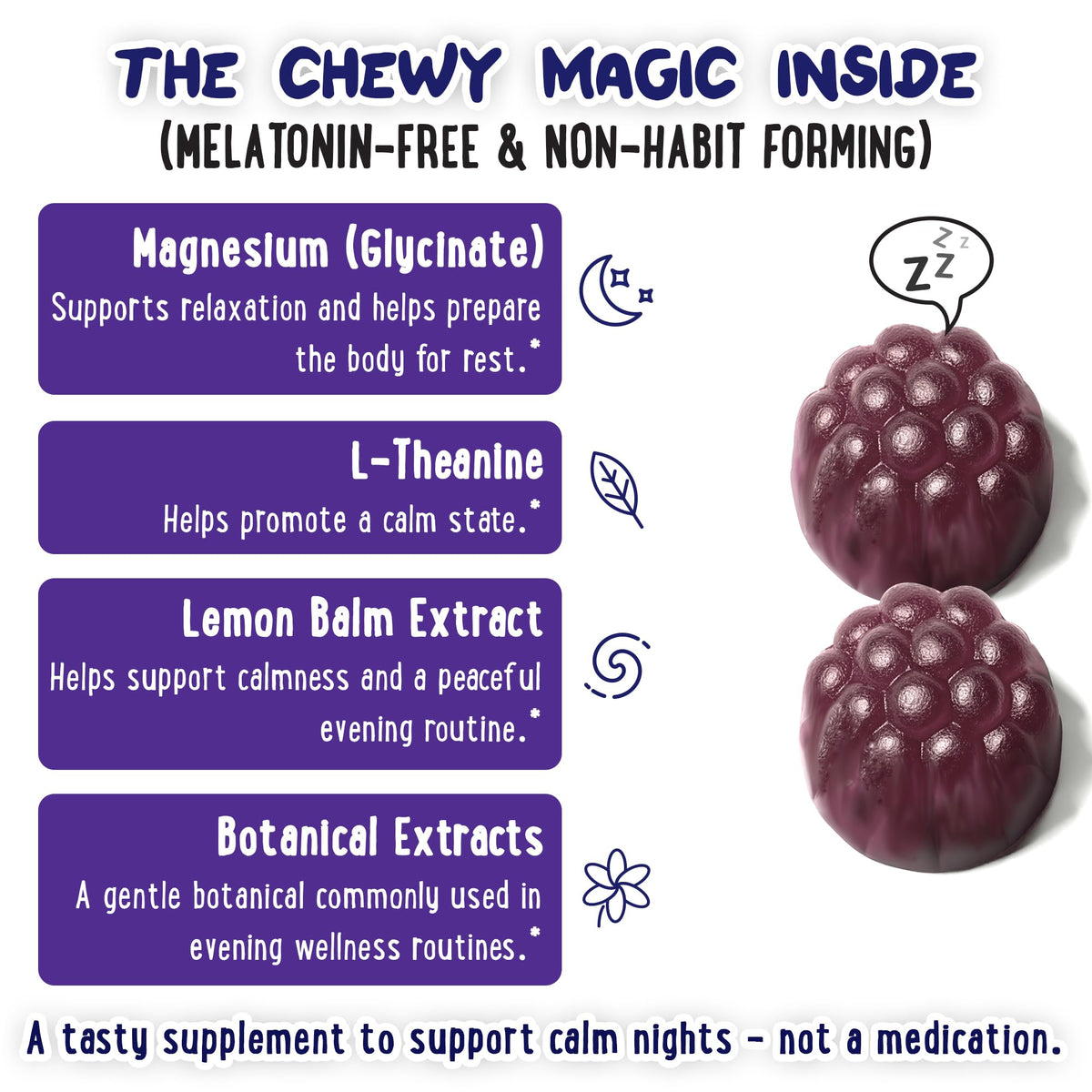 Gummies de magnésium OH MY CHEWY avec des cerises et raisins en arrière-plan