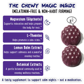 Gummies de magnésium OH MY CHEWY avec des cerises et raisins en arrière-plan