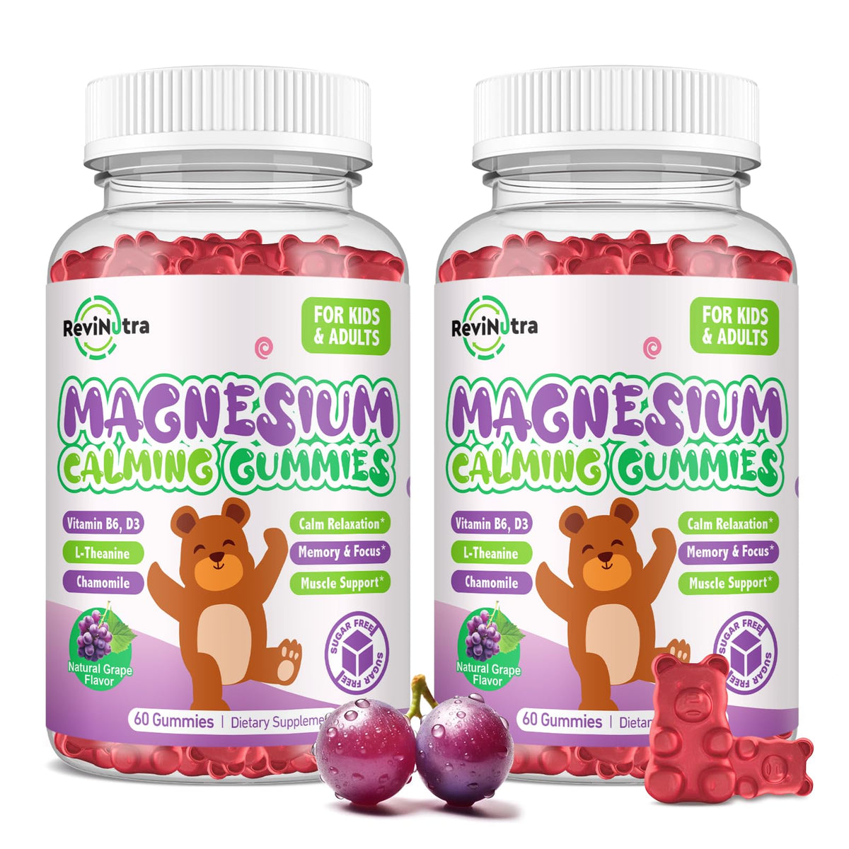 Gummies de Magnésium ReviNutra 120 unités, saveur raisin, vue de l'emballage