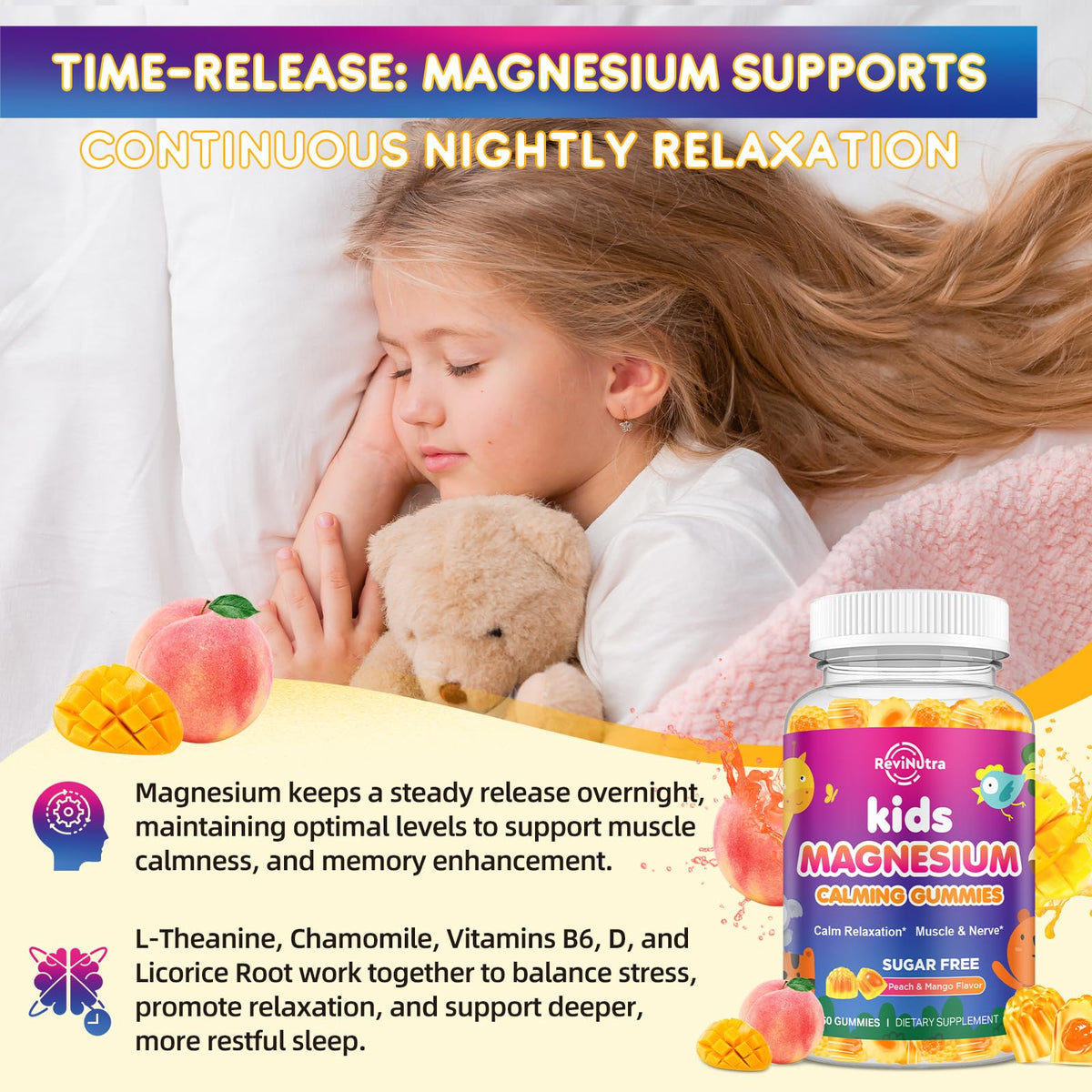 Gummies de magnésium ReviNutra avec fruits frais en arrière-plan