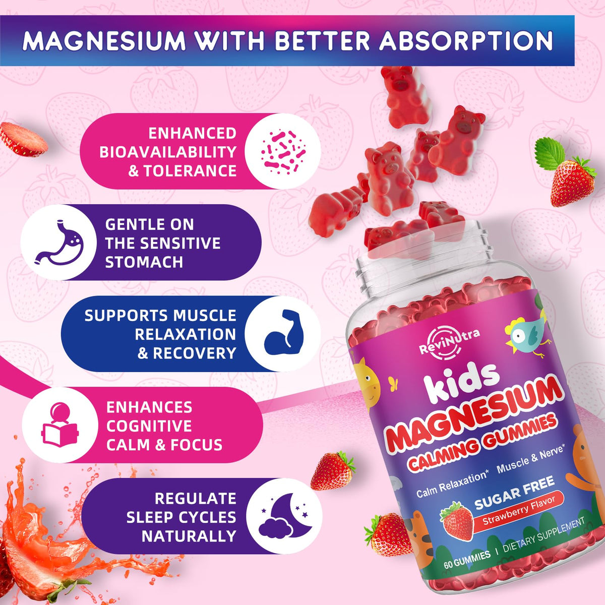 Gummies de magnésium ReviNutra dans un bol avec des fraises