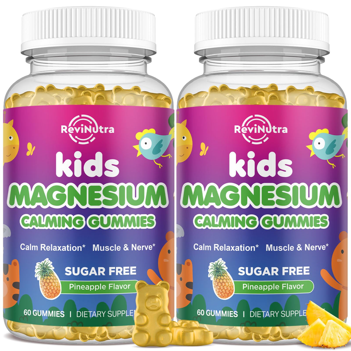 Gummies de magnésium ReviNutra pour enfants, paquet de 2, goût ananas