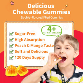 Gummies de magnésium ReviNutra, présentation des saveurs pêche et mangue